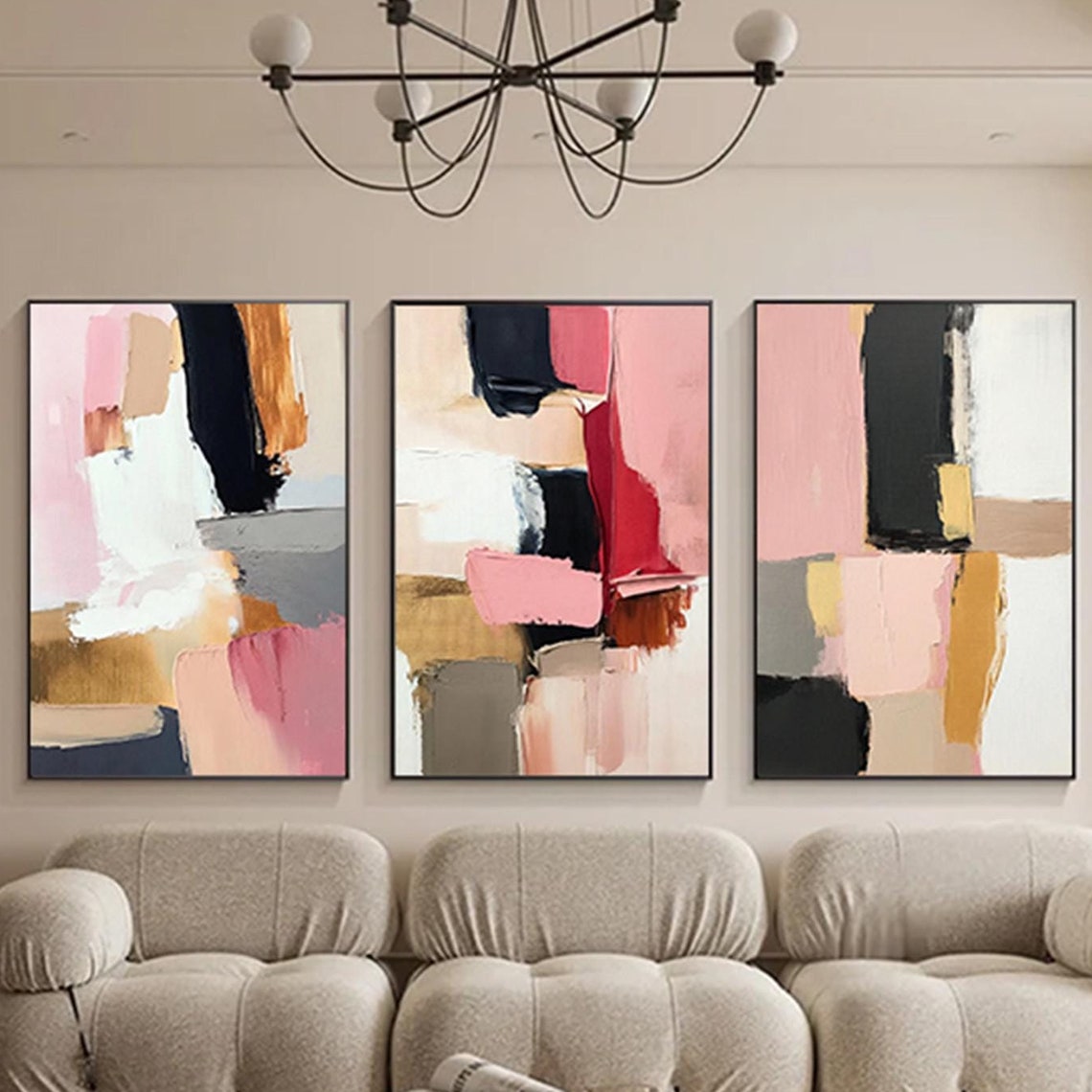 Three Piece Pink Black White Red Abstract Set Modern Triptych Wall Art