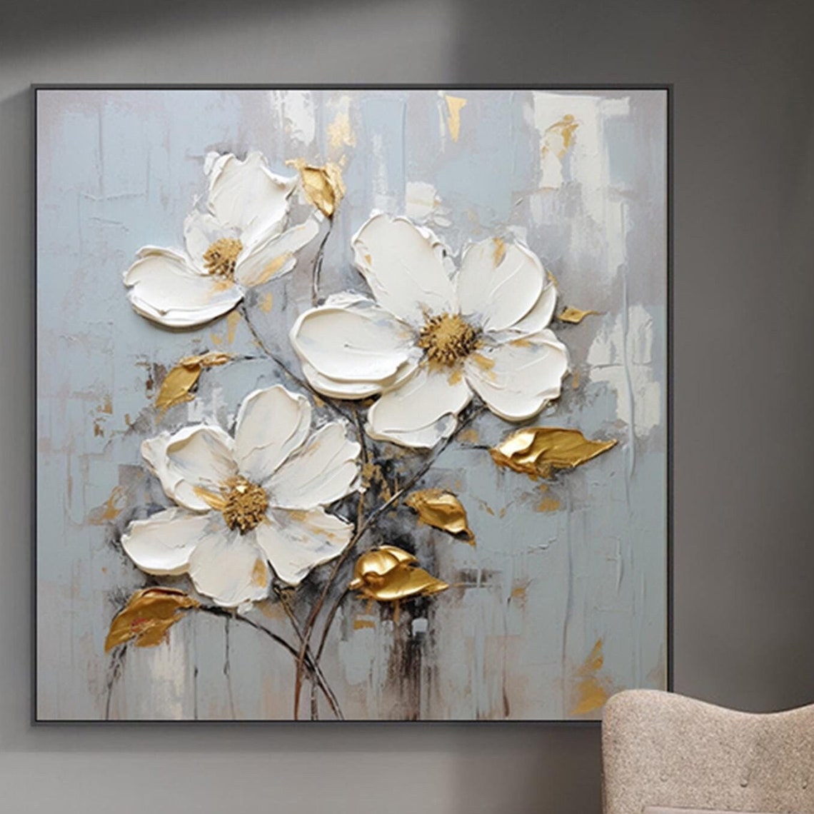 White Bloom Gold Center 3D Textured Impasto Painting Floral Poster