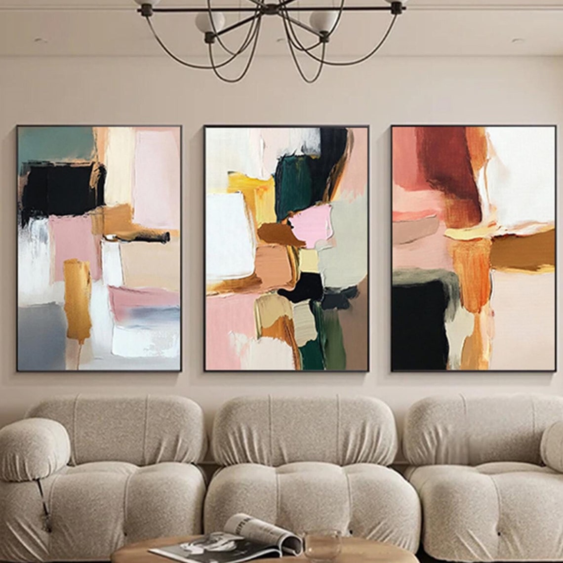 Three Piece Pink Black Gold Abstract Set Modern Triptych Wall Art