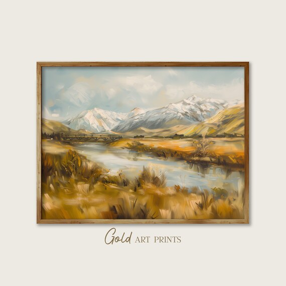 Vintage Landscape With Stone Bridge Wall Art Majestic Mountains And River Reflection Print Gap24038