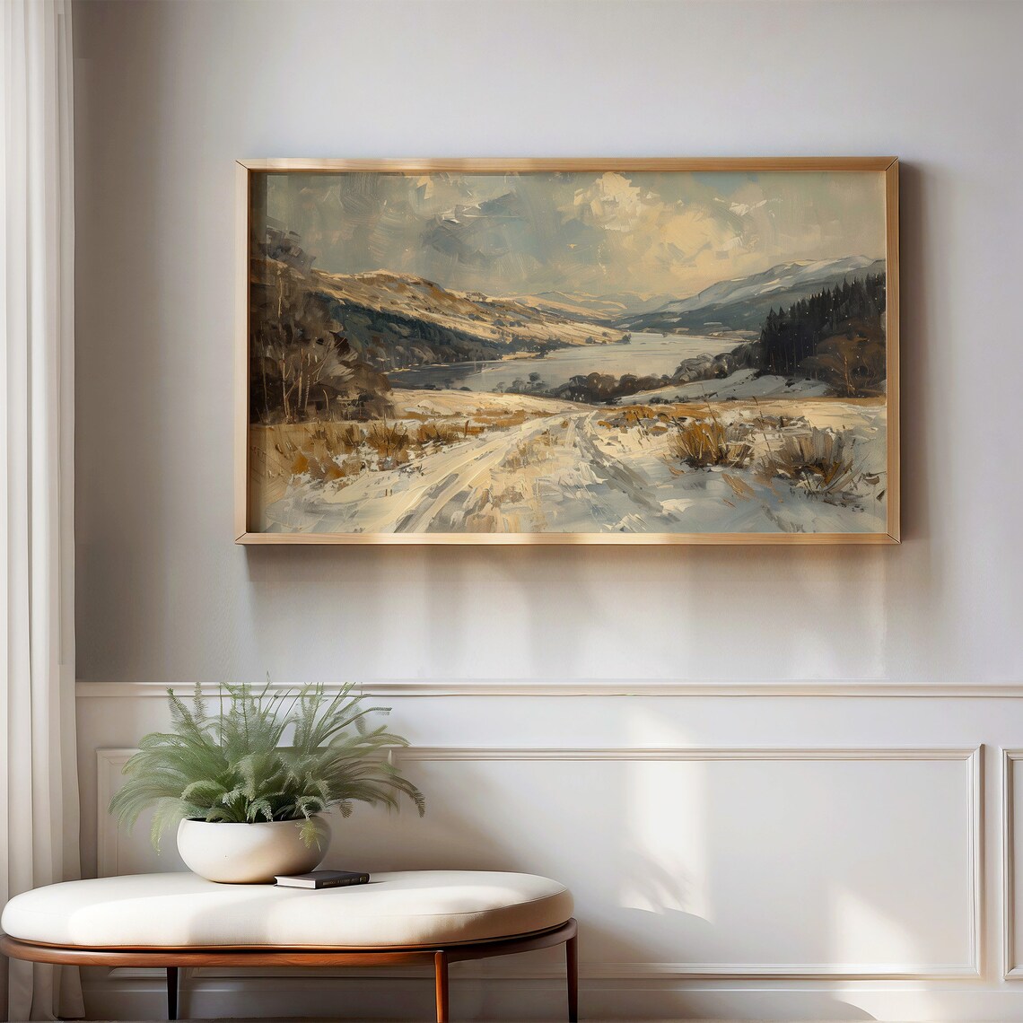 Snow Covered Valley Road Mountain Lake Impressionist Winter Poster - Image 2