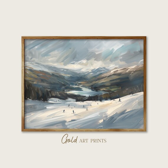 Snowy Alpine Ski Mountain Lake Valley Impressionist Winter Poster