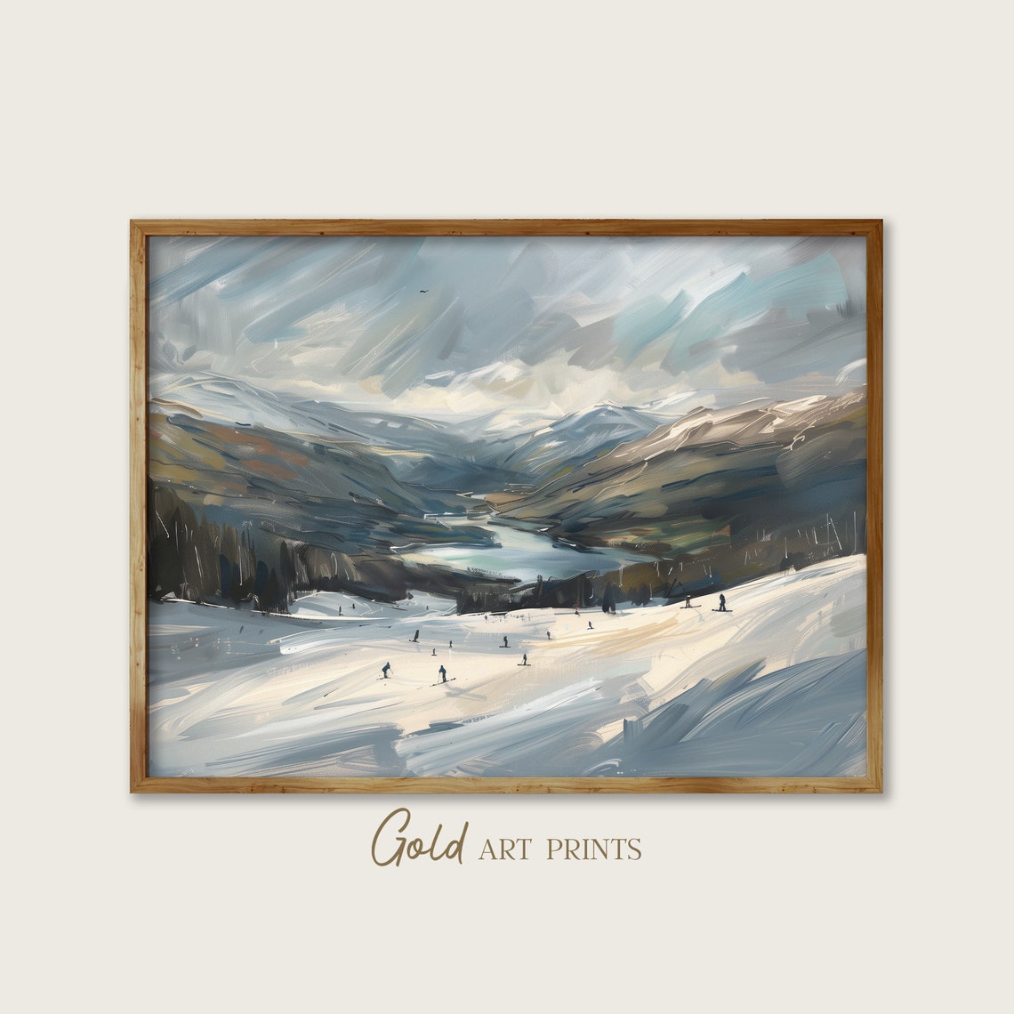 Snowy Alpine Ski Mountain Lake Valley Impressionist Winter Poster