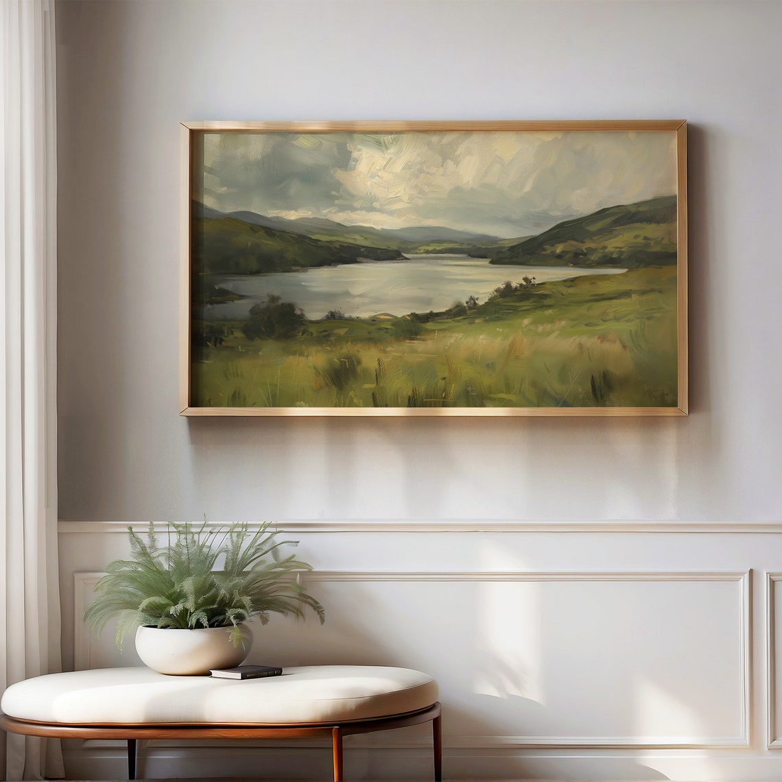 Rolling Green Hills Calm Lake Bright Clouds Vintage Countryside Poster - Image 2