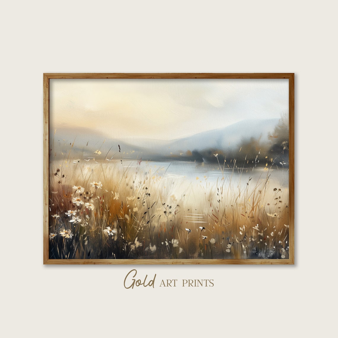 Misty Lakeside Wildflower Meadow Daisy Landscape Oil Painting Poster