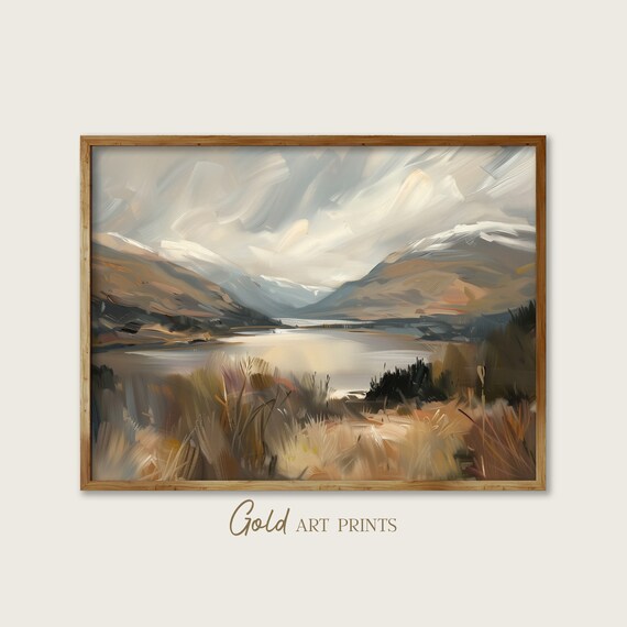 Golden Grass Mountain Lake Dramatic Clouds Impressionist Painting Poster