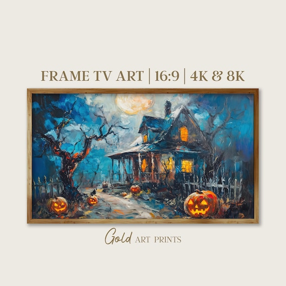 Haunted Halloween House Under Full Moon Pumpkin Night Oil Painting Poster