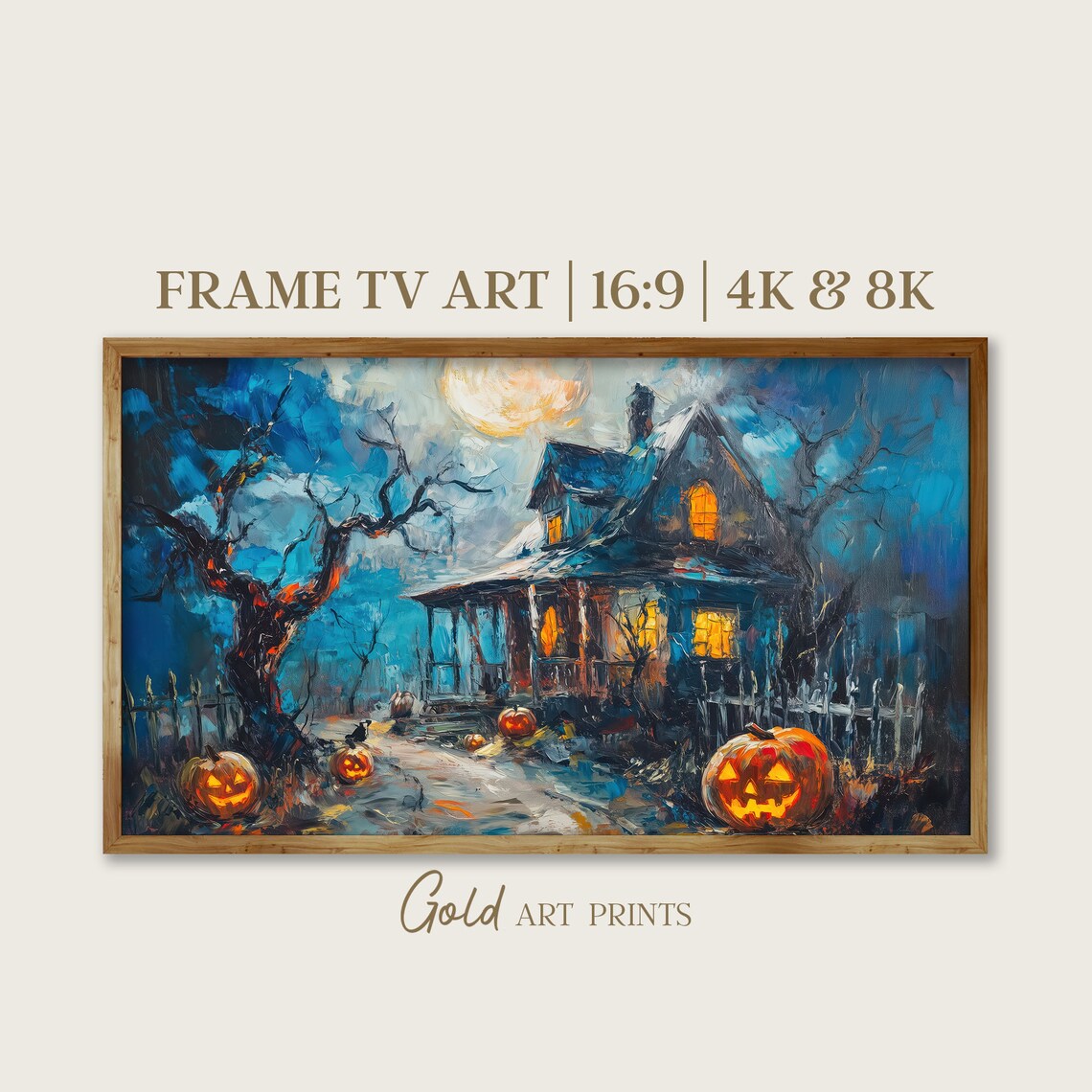 Haunted Halloween House Under Full Moon Pumpkin Night Oil Painting Poster