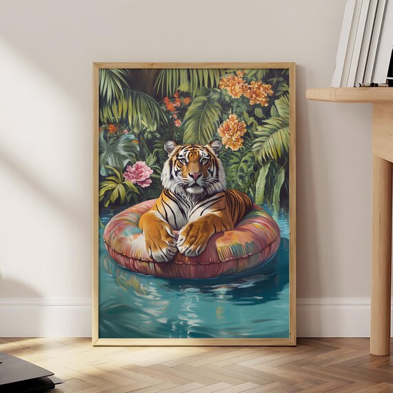 Tiger On A Float Poster Luxury Wall Art Maximalist Animal Print Funky Decor Vintage Pink Bathroom File