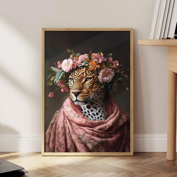 Leopard With Floral Crown Poster Wall Art Maximalist Decor Jungle Print Vibrant Prints File