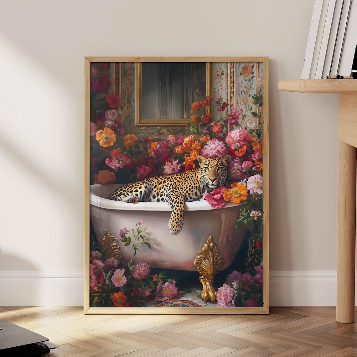 Leopard Lounging in Floral Bathtub Maximalist Jungle Wall Poster