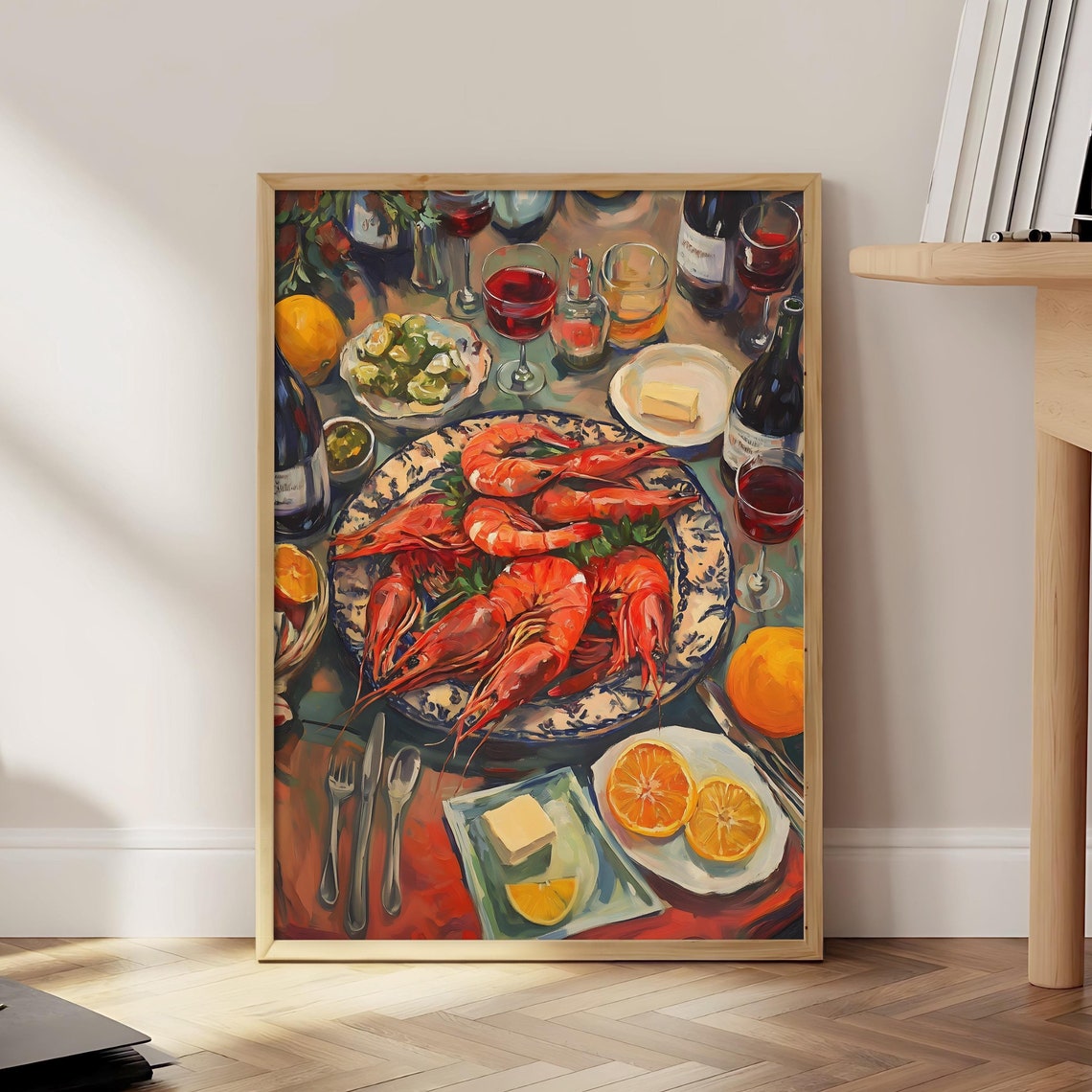 Shrimp Feast With Wine Still Life Vintage Kitchen Wall Poster