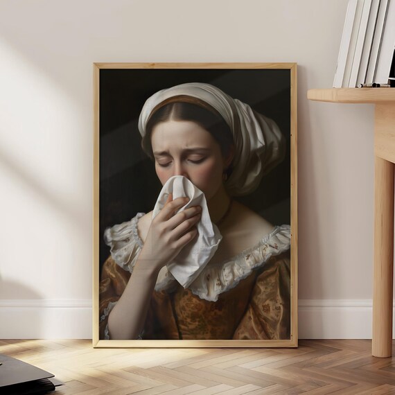 Woman Blowing Nose Funny Vintage Oil Painting Classic Humor Poster