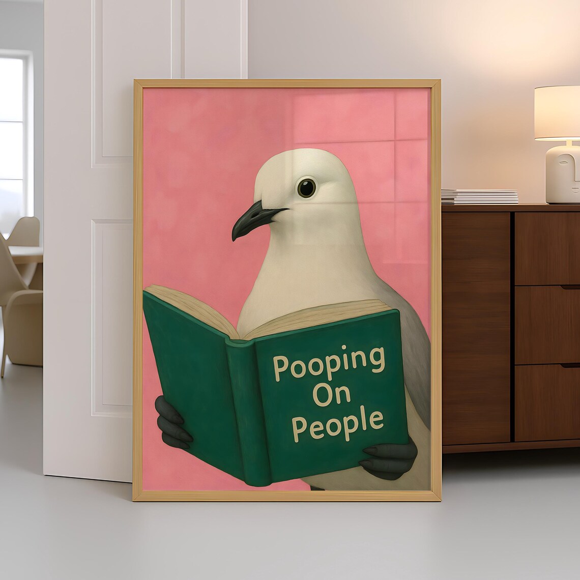 Funny White Pigeon With Pooping On People Book Pink Art Poster