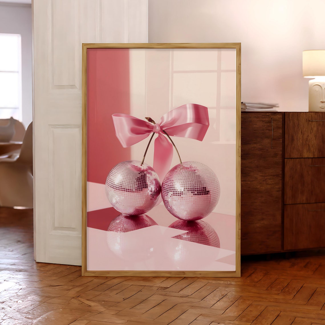 Pink Disco Ball Cherries Satin Bow Coral Background Decor Print