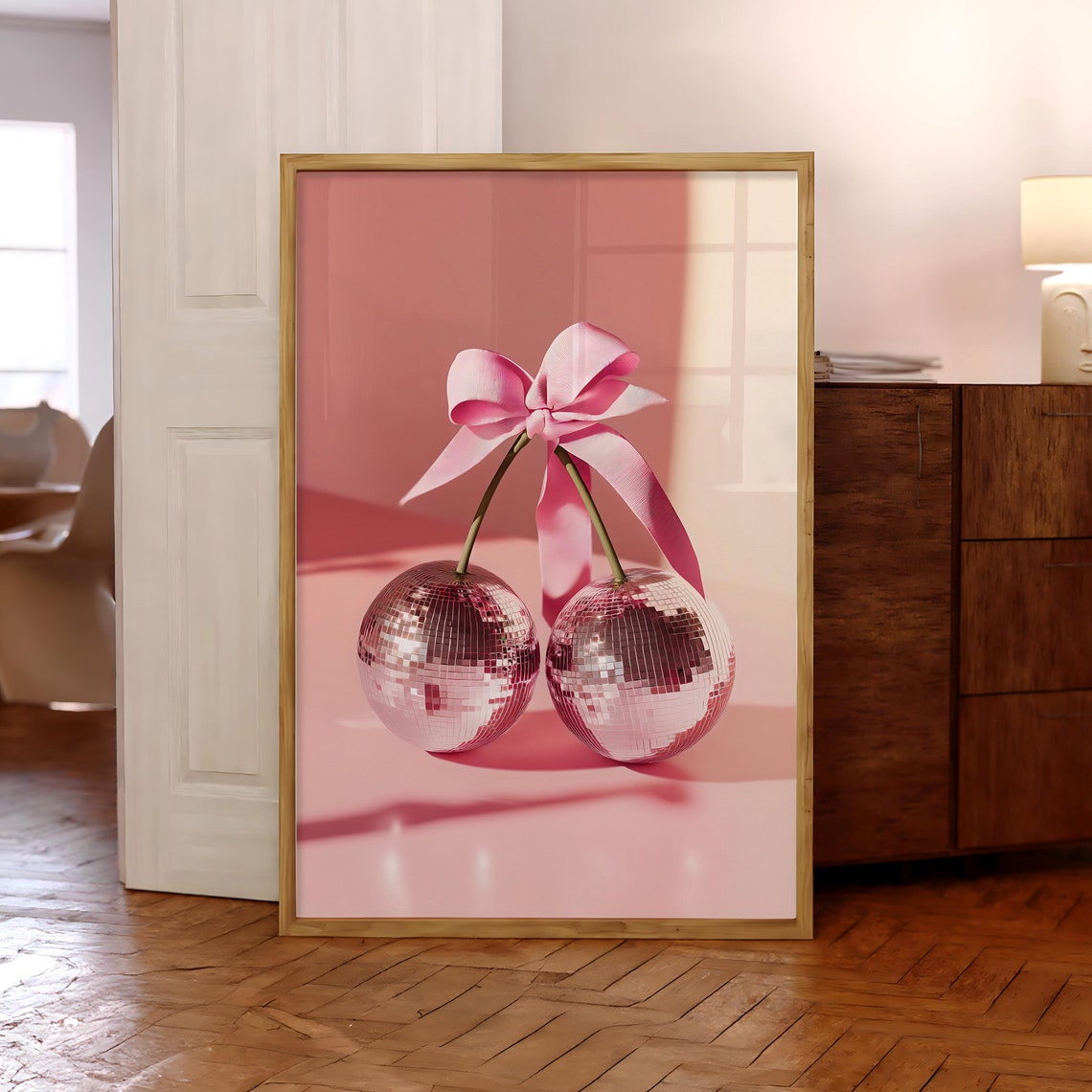 Pink Mirrorball Cherries With Bow On Pink Background Decor Print