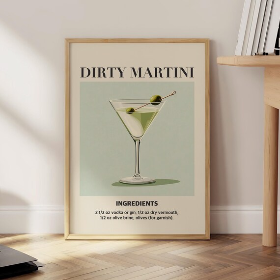 Dirty Martini Cocktail Recipe Poster With Ingredients Vintage Style