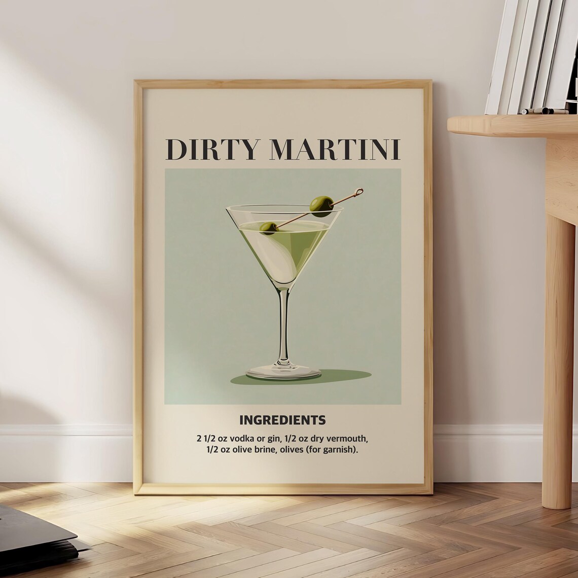 Dirty Martini Cocktail Recipe Poster With Ingredients Vintage Style