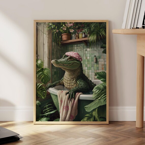 Funny Alligator Relaxing in Bathtub Wearing Pink Shower Cap Poster