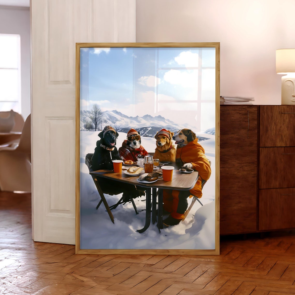 Four Dogs in Ski Gear Sharing Dinner at a Snowy Mountain Table Poster