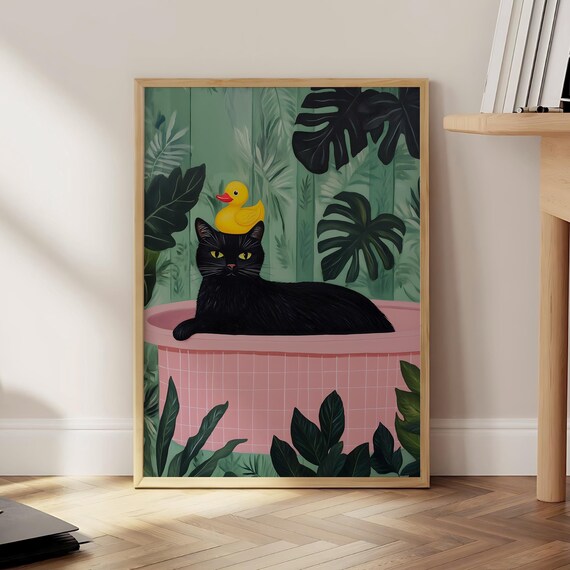 Funny Black Cat in Pink Bathtub Poster with Rubber Duck Leafy Green Art