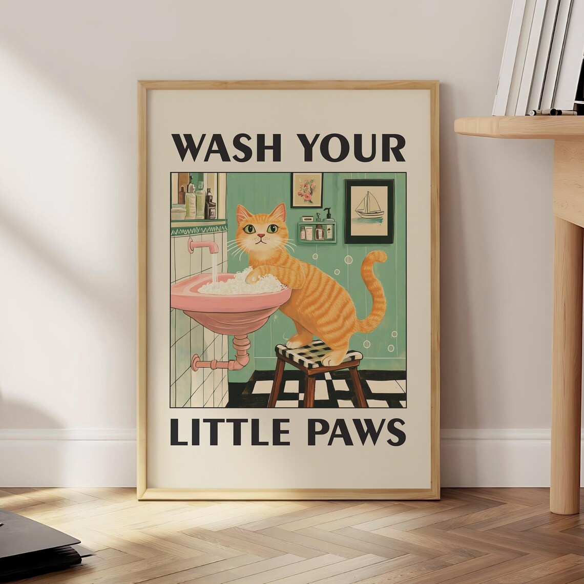 Wash Your Little Paws Funny Orange Cat Bathroom Humor Poster