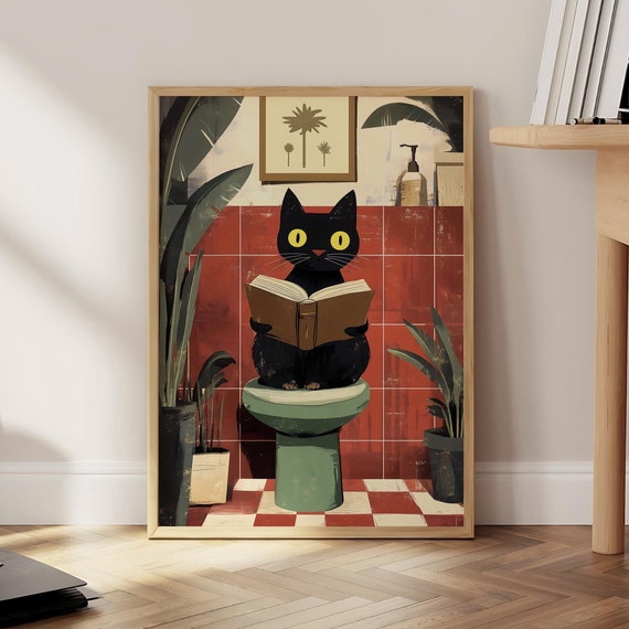 Funny Bathroom Cat Print Black Toilet Wall Art Pink Poster Pooping Lover Gift Optional Frame