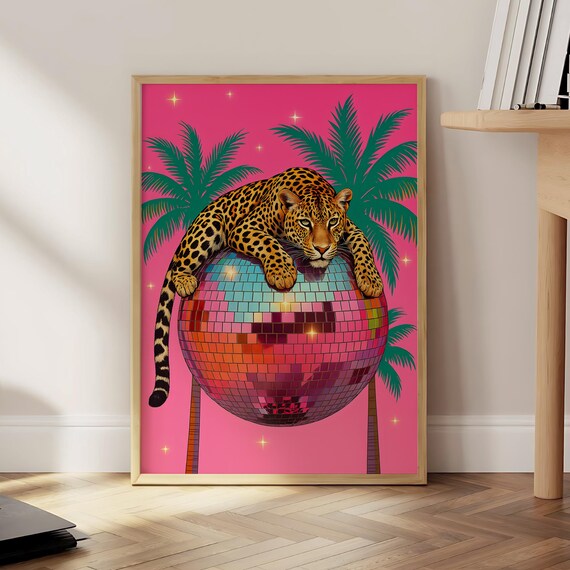 Leopard On Disco Ball Poster Wall Art Maximalist Decor Jungle Print Vibrant Prints Optional Frame