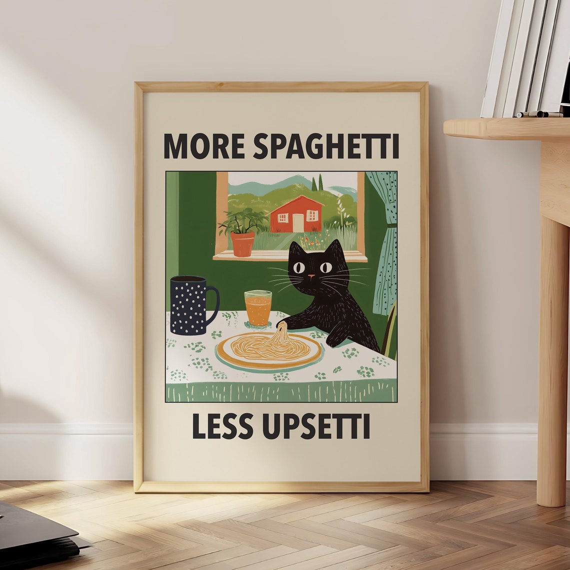 More Spaghetti Less Upsetti Black Cat Red Barn Window Kitchen Poster