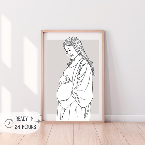 One Line Pregnancy Drawing, Custom Couple Portrait