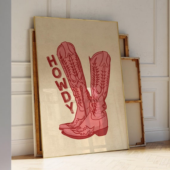 Howdy Cowboy Boots Print Vintage Western Wall Art Retro Poster For Dorm Decor Cowgirl