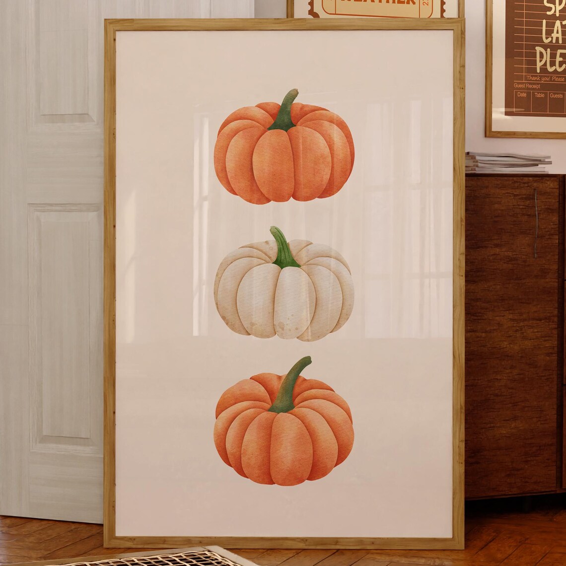 Stacked Watercolor Pumpkins Orange White Cozy Minimalist Fall Poster