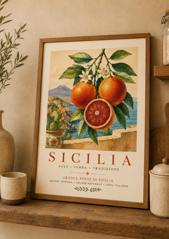 Sicily Blood Orange Wall Art Print Vintage Italian Travel Poster Mediterranean Citrus Decor Sicilia Kitchen Artwork