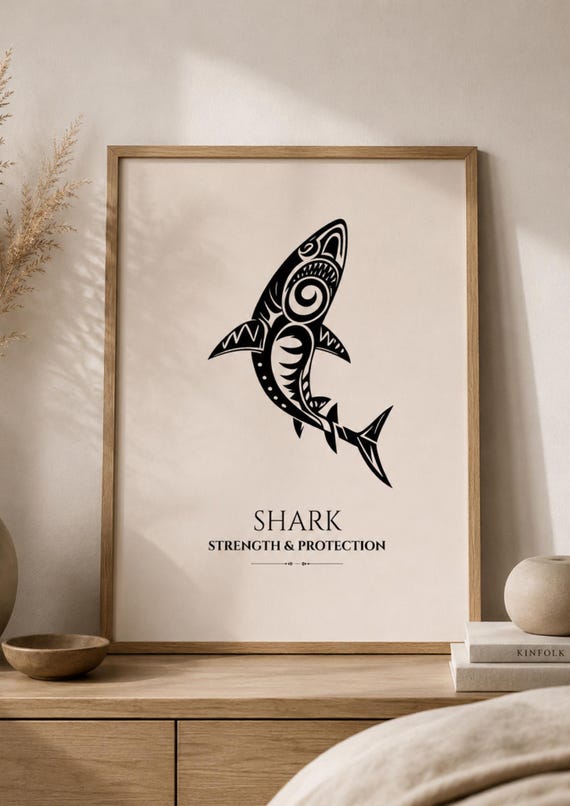 Shark Tribal Wall Art Print Symbol Poster Strength And Protection Decor Ocean Animal Artwork Minimalist Coastal Gift