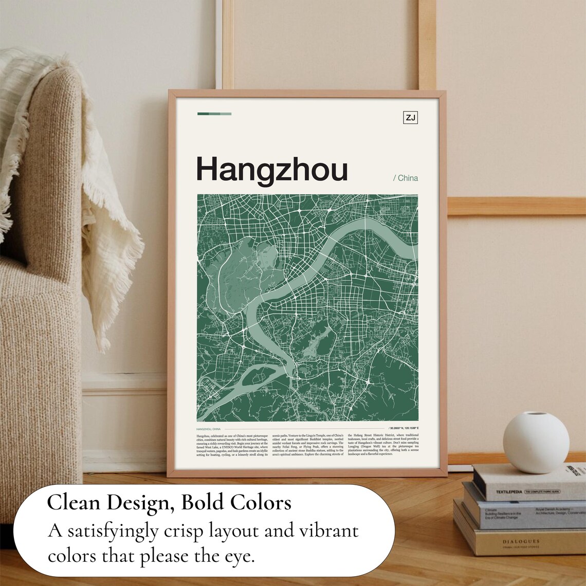 Hangzhou China Deep Dark Green Street Map Cartographic Art Travel Poster - Image 3