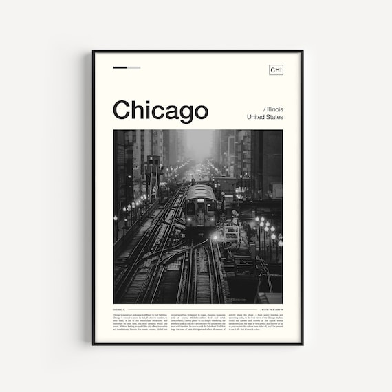 Chicago Illinois Black and White L Train City Night Photo Poster