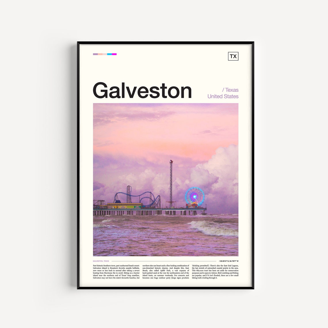 Galveston Texas Historic Pier Amusement Park Sunset Gulf Poster
