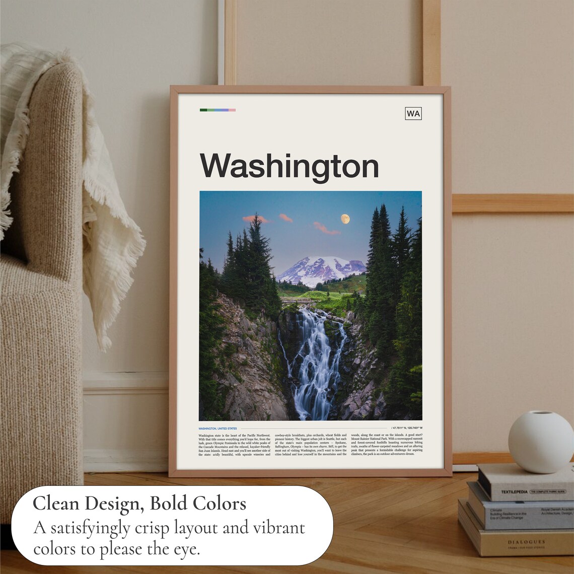 Washington State Mount Rainier Waterfall Moonrise Photo Travel Poster - Image 3