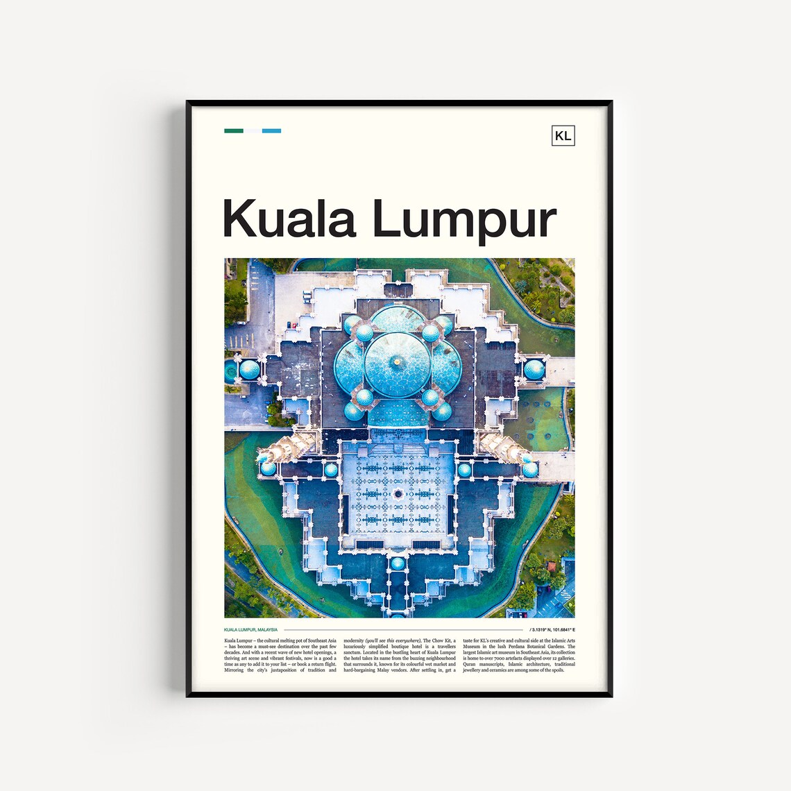 Kuala Lumpur Blue Domed Mosque Aerial Editorial Travel Poster