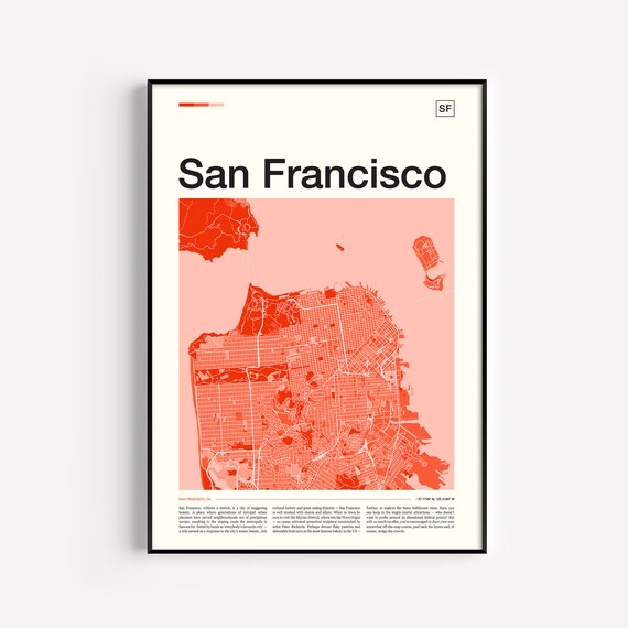 San Francisco California Coral City Map Minimalist Wall Decor Poster