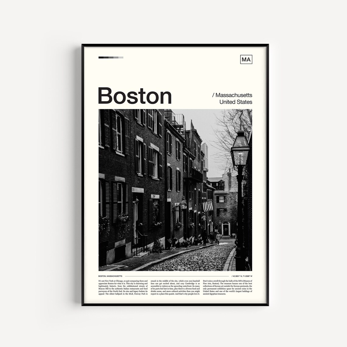 Boston Massachusetts Historic Beacon Hill Street Black White Photography Poster