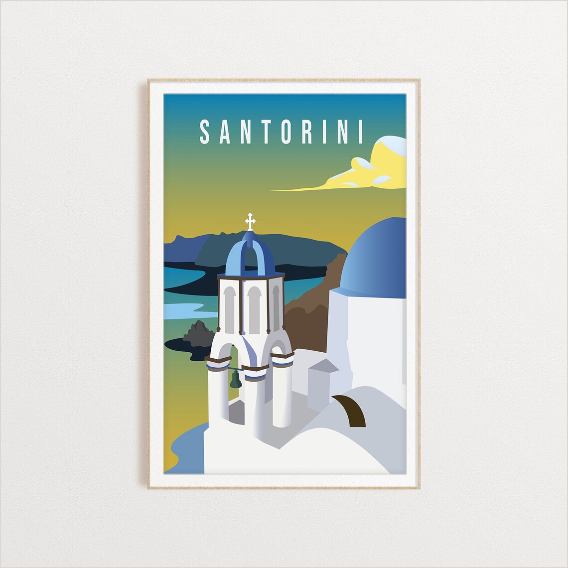 Santorini Greece Travel Poster With Blue Dome Church Sunset View Art - Image 2