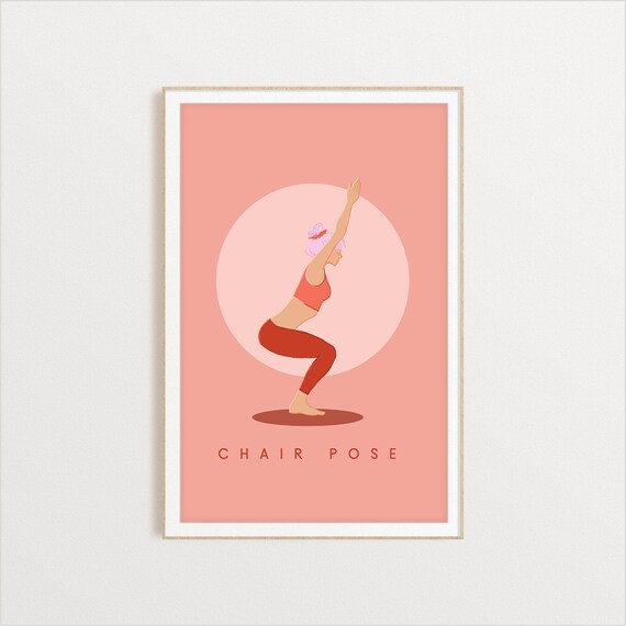 Chair Pose Retro Yoga Standing Pose Sun Circle Flat Illustration Print