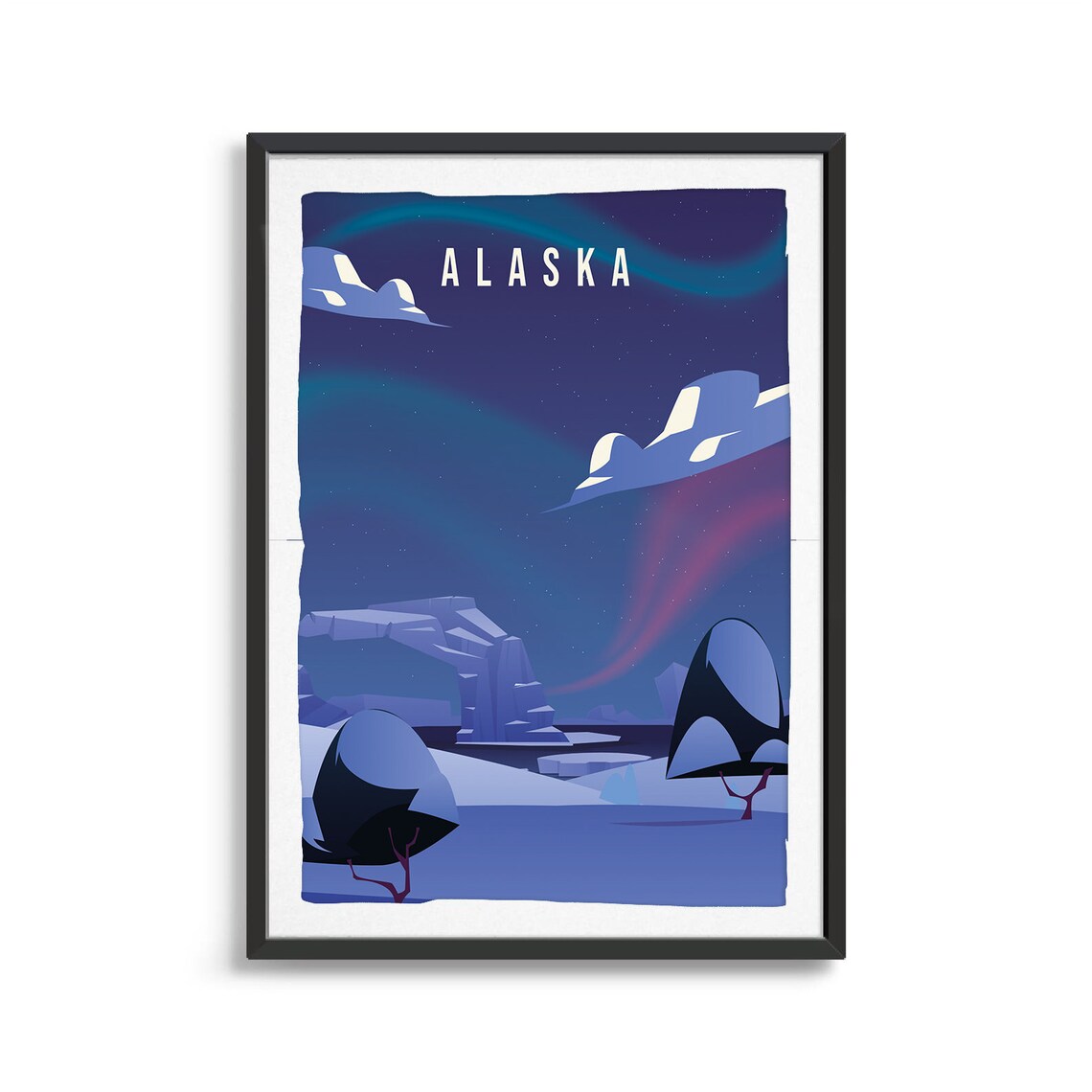 Alaska Aurora Travel Poster Northern Lights Glacier Night Sky Art