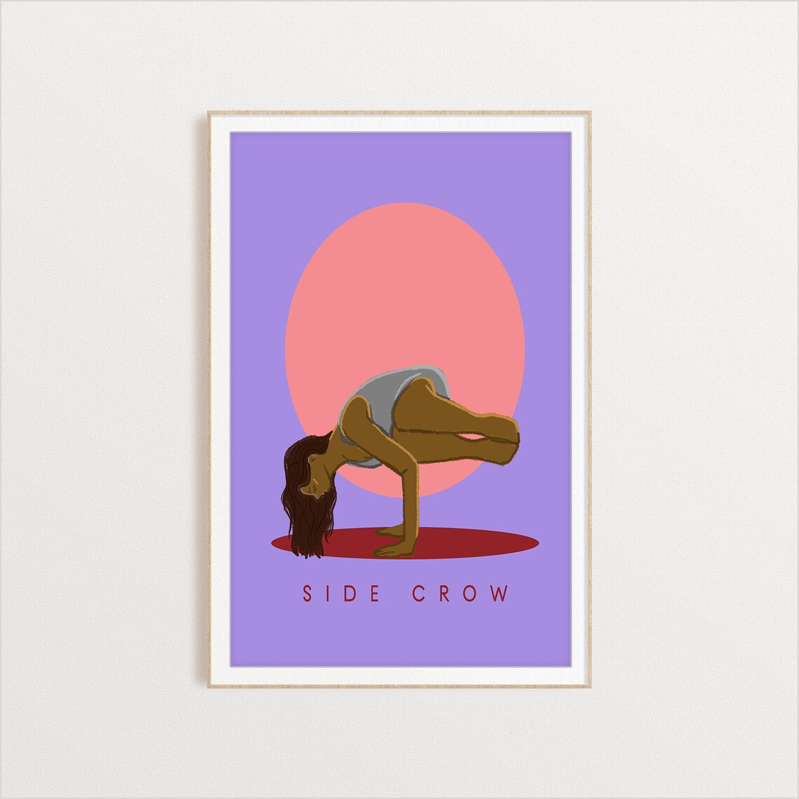 Side Crow Yoga Pose Illustration With Pink Sun Purple Poster - Image 2