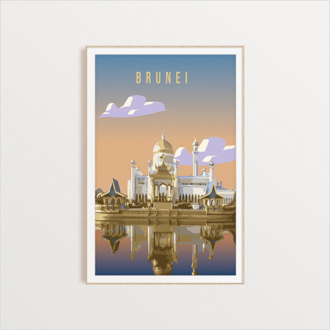 Brunei Waterfront Mosque Sunset Reflection Vintage Travel Poster - Image 2