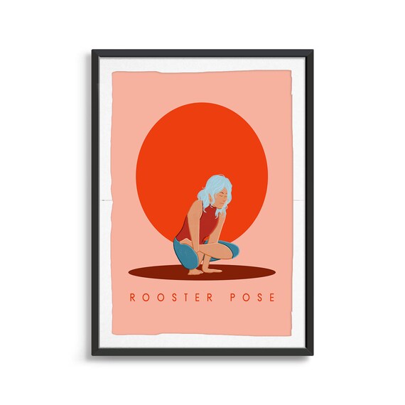 Rooster Pose Retro Yoga Arm Balance Sun Circle Flat Illustration Print