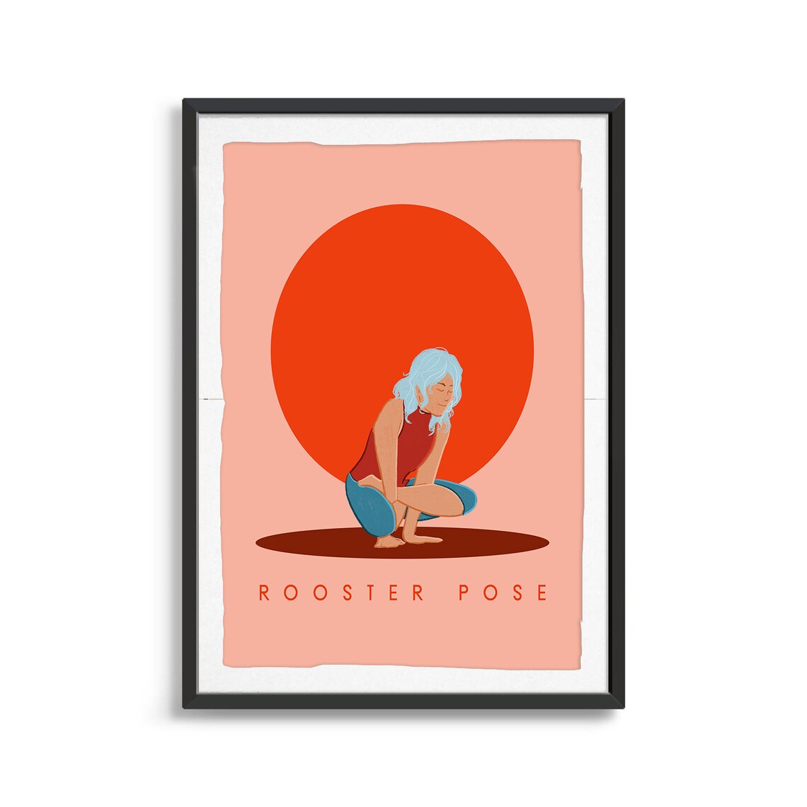 Rooster Pose Retro Yoga Arm Balance Sun Circle Flat Illustration Print