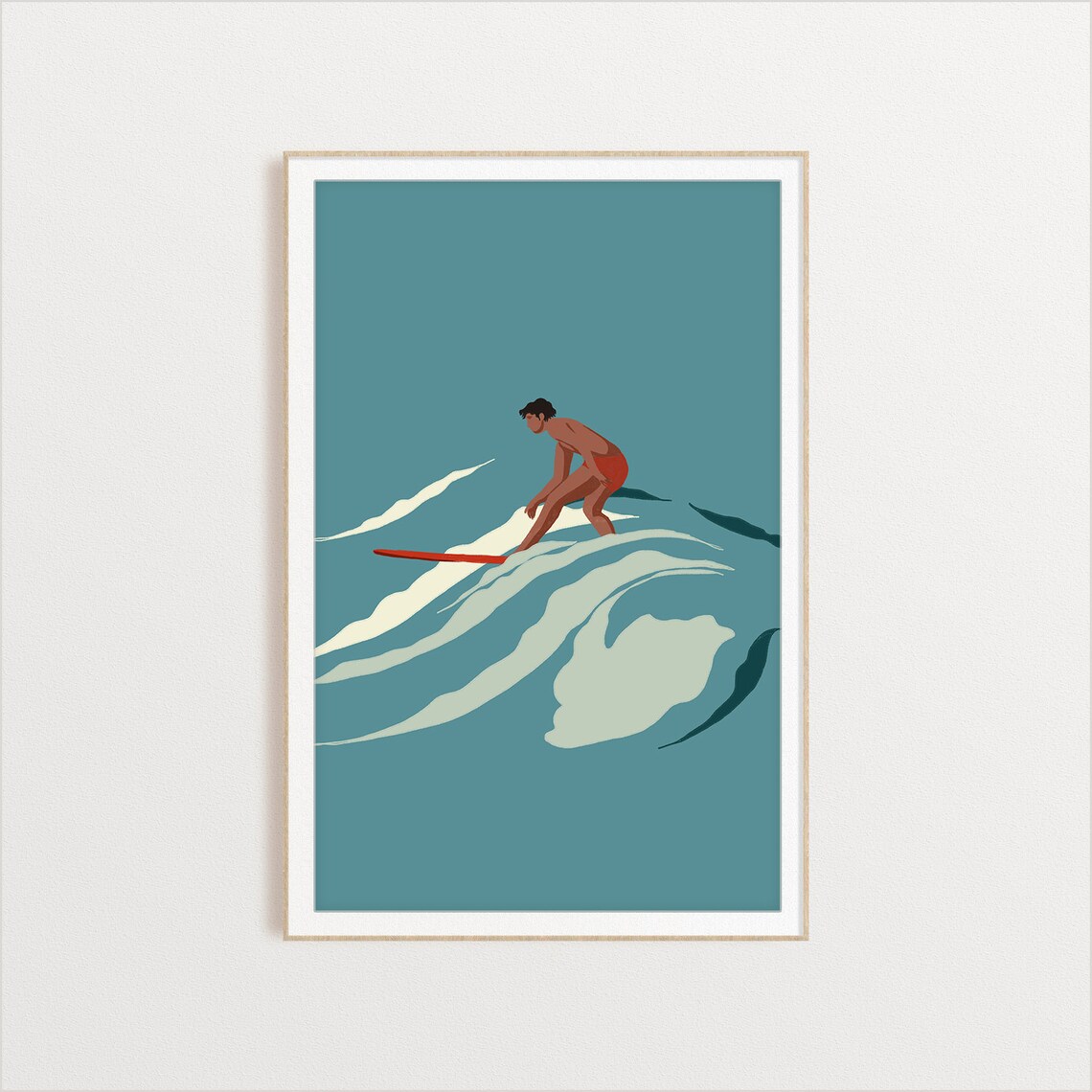 Red Surfer Guy Wave Surfer Art Print, Ocean