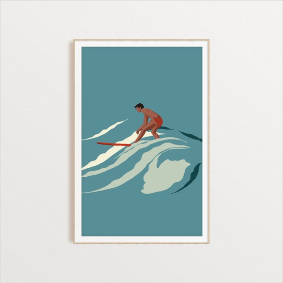Red Surfer Guy Wave Surfer Art Print, Ocean